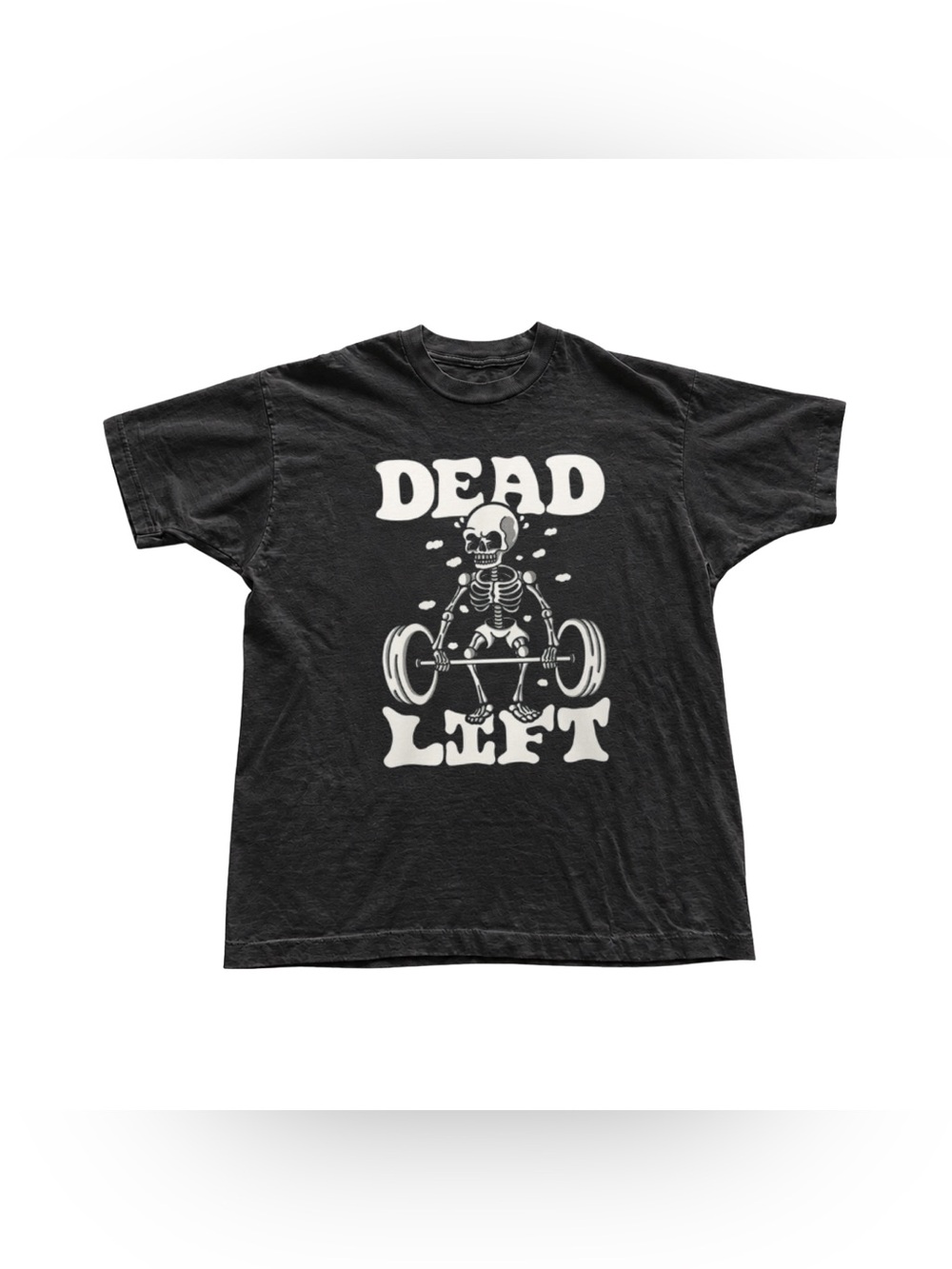 Black Tee with White 'Dead Left' Skeleton Weightlifting Graphic